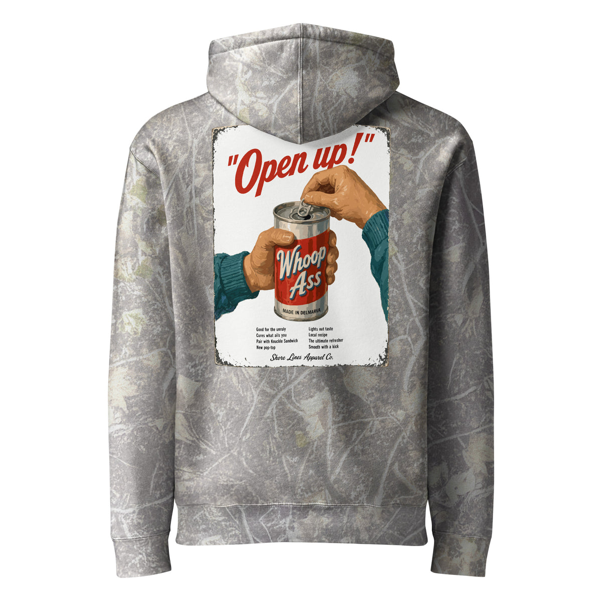 Whoop Ass Camo hoodie in Deadwood Tree Camo, back view by Shore Lines Apparel Co.