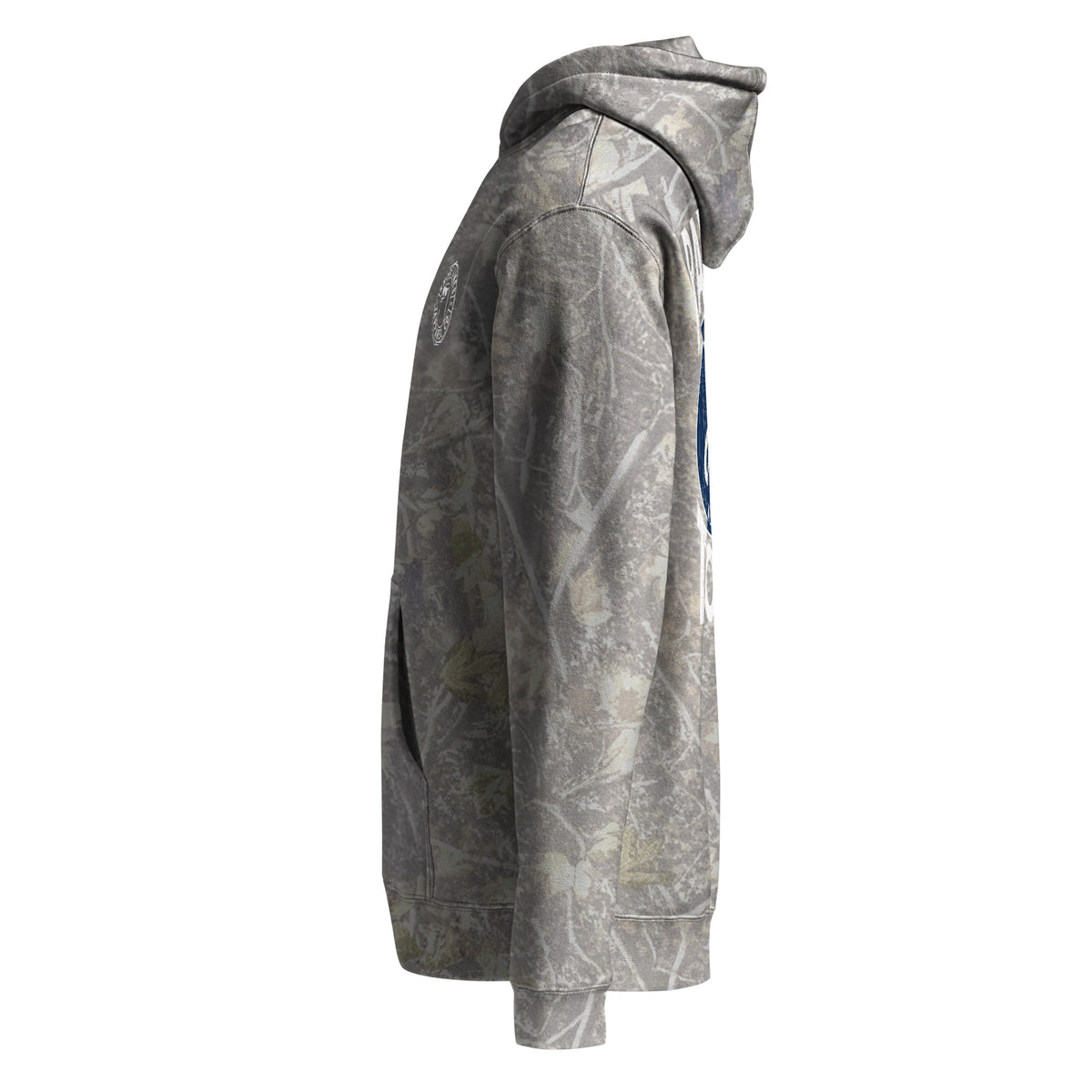Raised Shore Tough Camo hoodie in Deadwood Tree Camo, side view by Shore Lines Apparel Co.
