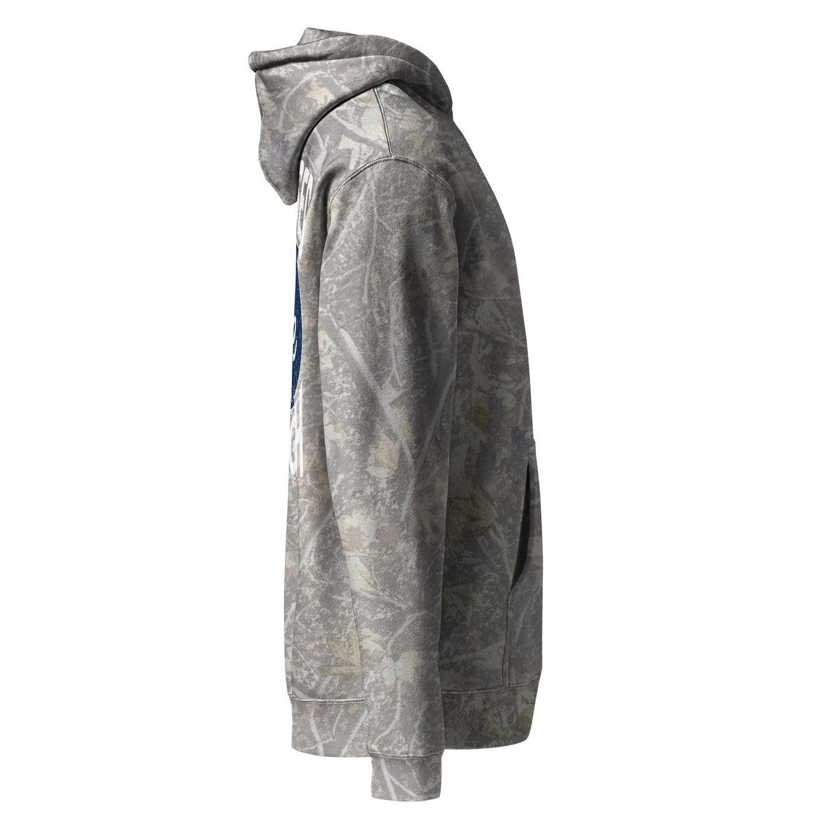 Raised Shore Tough Camo hoodie in Deadwood Tree Camo, side view by Shore Lines Apparel Co.