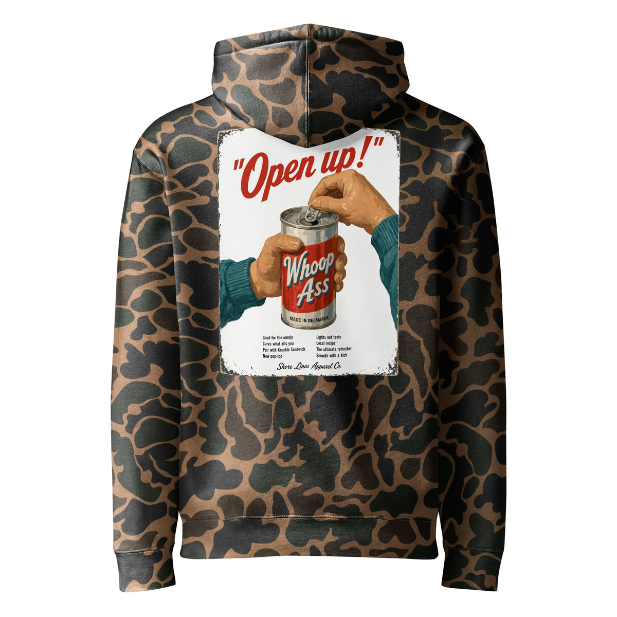 Whoop Ass Camo hoodie in Duck Camo, back view by Shore Lines Apparel Co.