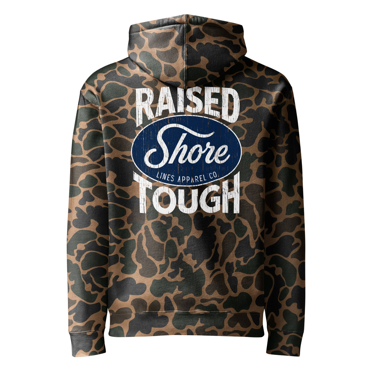 Raised Shore Tough Camo hoodie in Duck Camo, back view by Shore Lines Apparel Co.