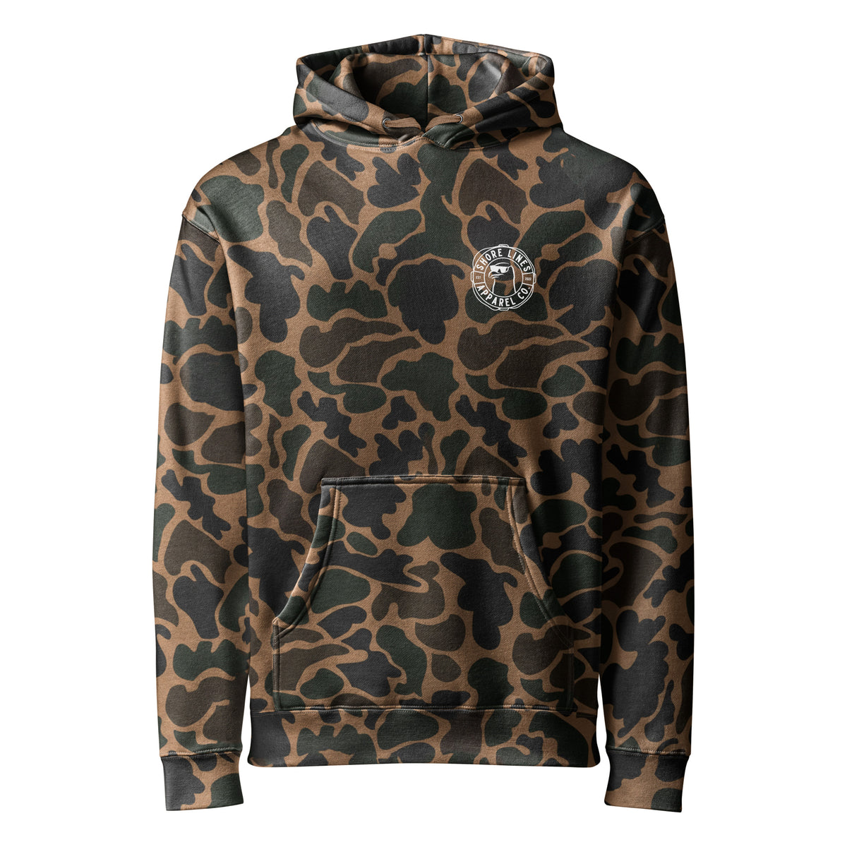 Whoop Ass Camo hoodie in Duck Camo, front view by Shore Lines Apparel Co.