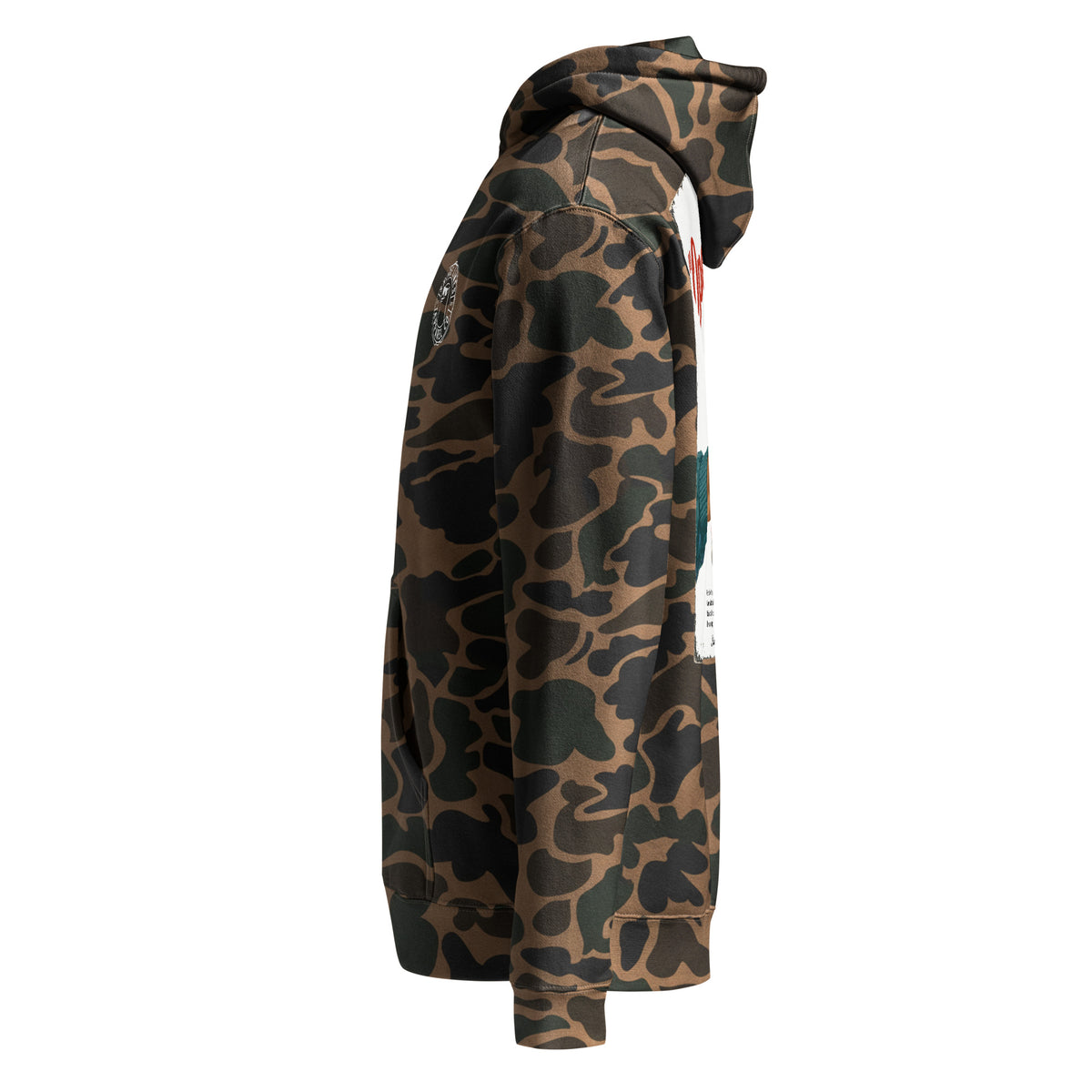 Whoop Ass Camo hoodie in Duck Camo, side view by Shore Lines Apparel Co.