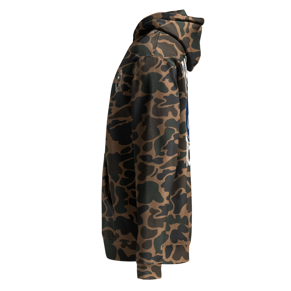 Raised Shore Tough Camo hoodie in Duck Camo, side view by Shore Lines Apparel Co.