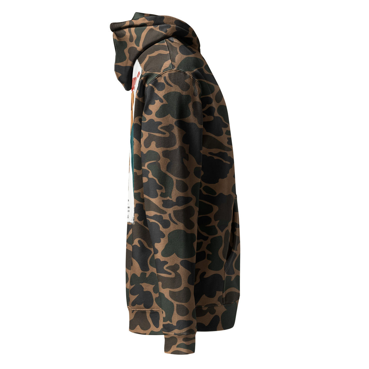 Whoop Ass Camo hoodie in Duck Camo, side view by Shore Lines Apparel Co.