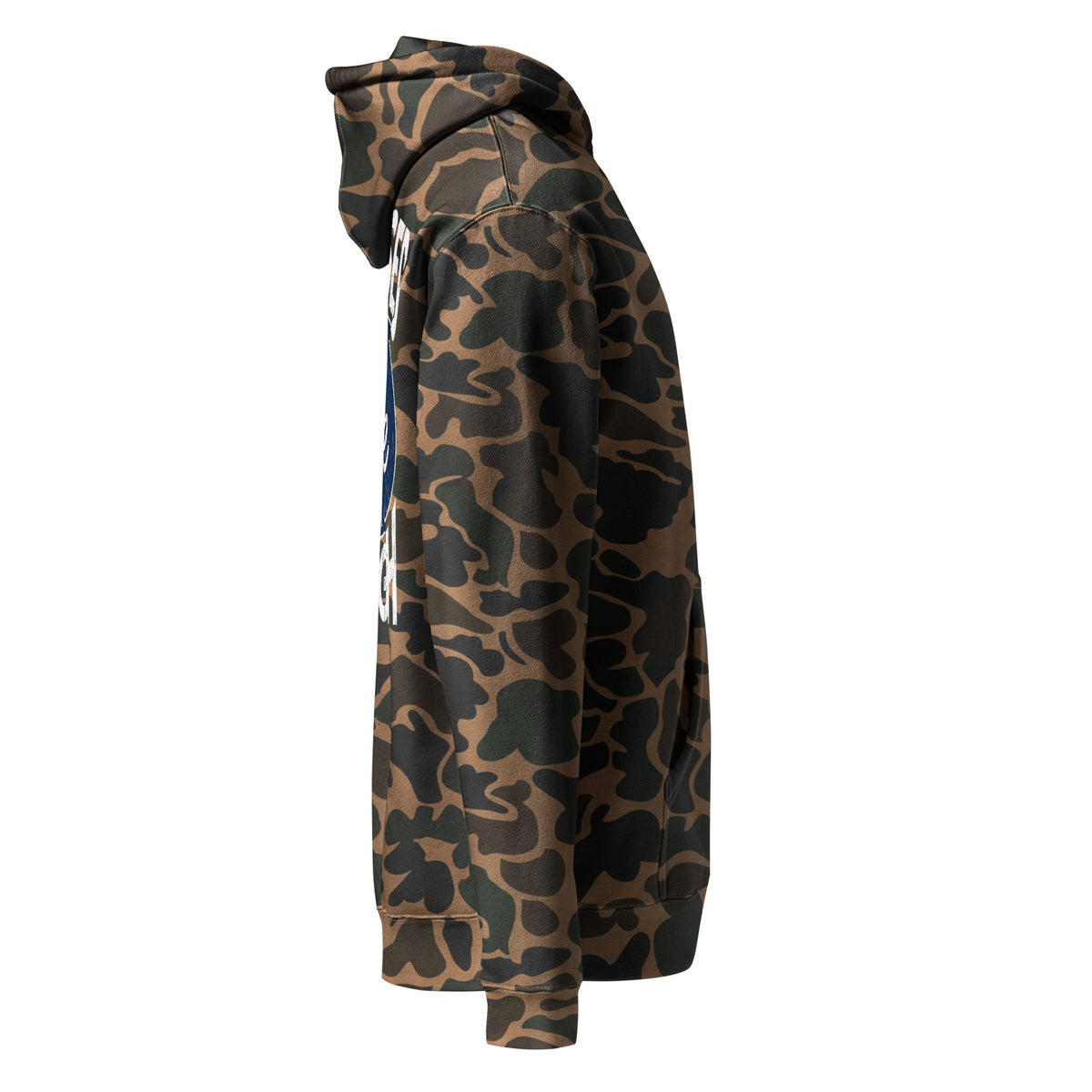 Raised Shore Tough Camo hoodie in Duck Camo, side view by Shore Lines Apparel Co.