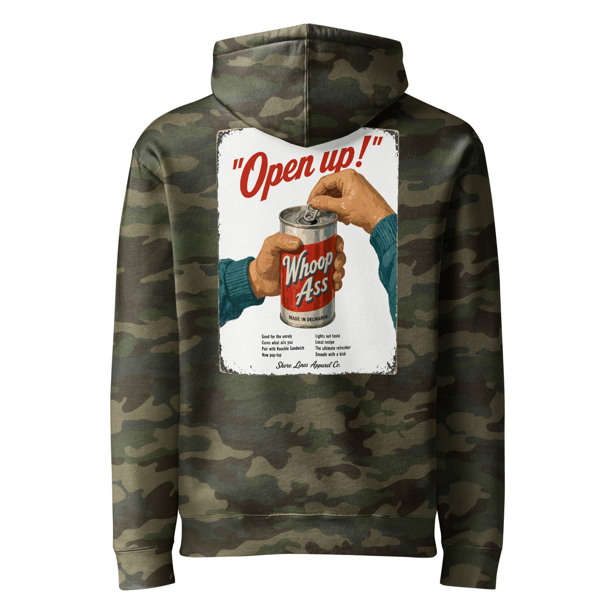 Whoop Ass Camo hoodie in Forest Camo, back view by Shore Lines Apparel Co.