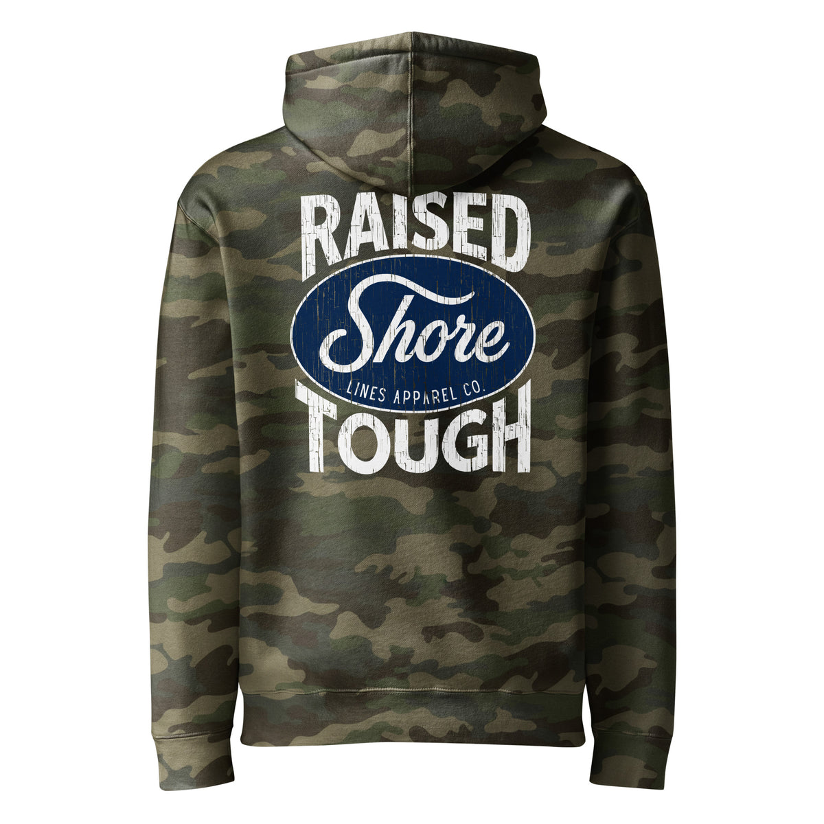 Raised Shore Tough Camo hoodie in Forest Camo, back view by Shore Lines Apparel Co.