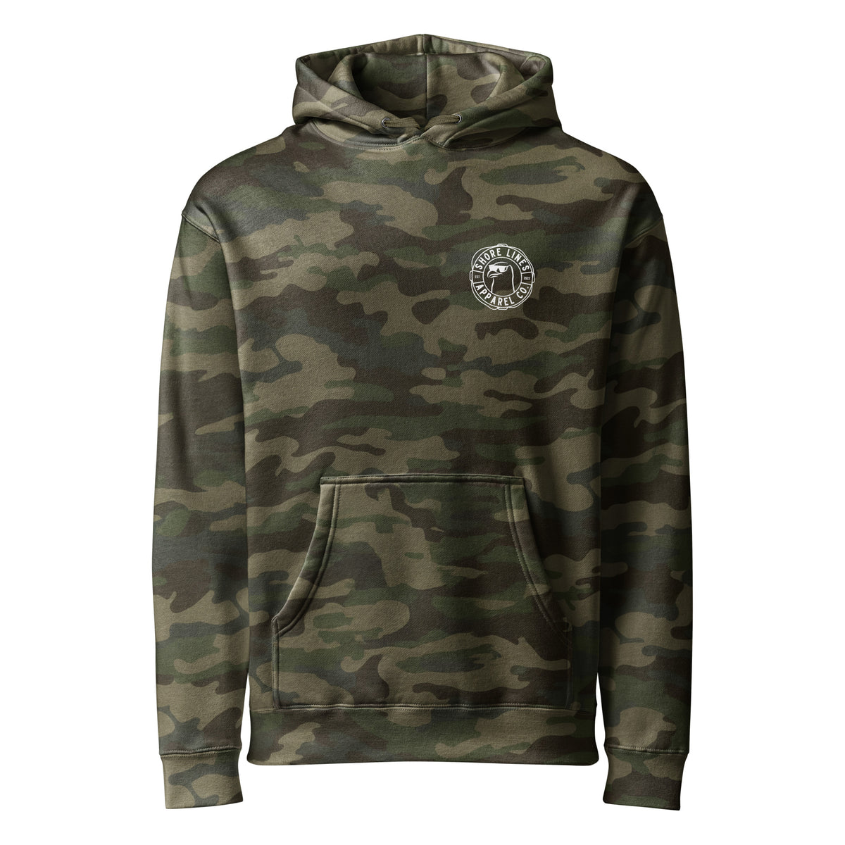 Whoop Ass Camo hoodie in Forest Camo, front view by Shore Lines Apparel Co.