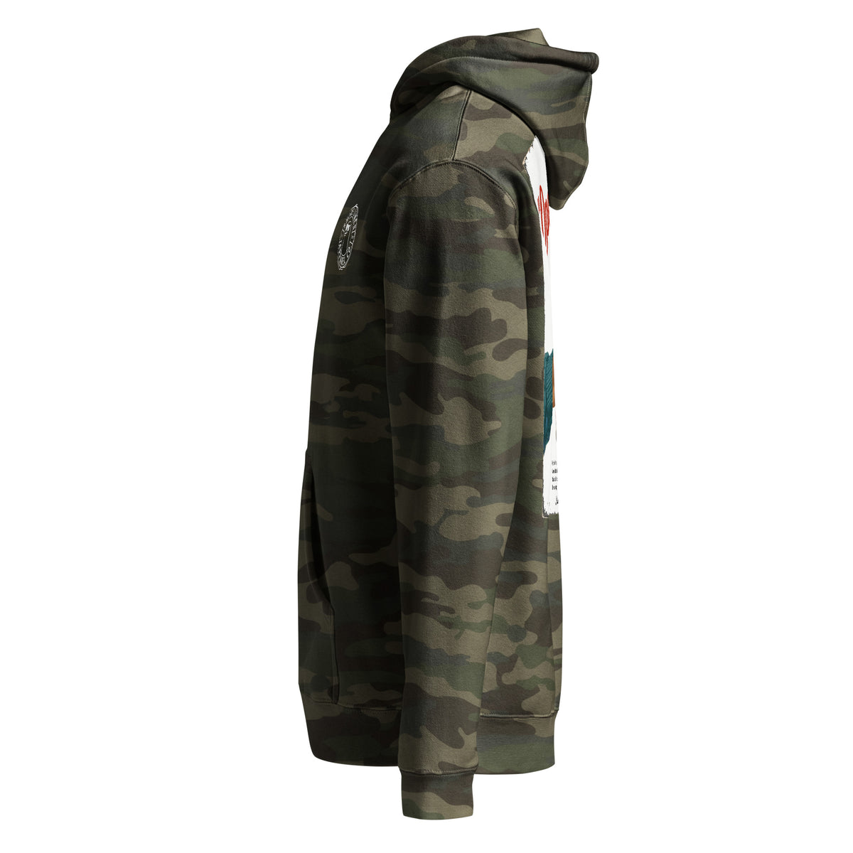 Whoop Ass Camo hoodie in Forest Camo, side view by Shore Lines Apparel Co.