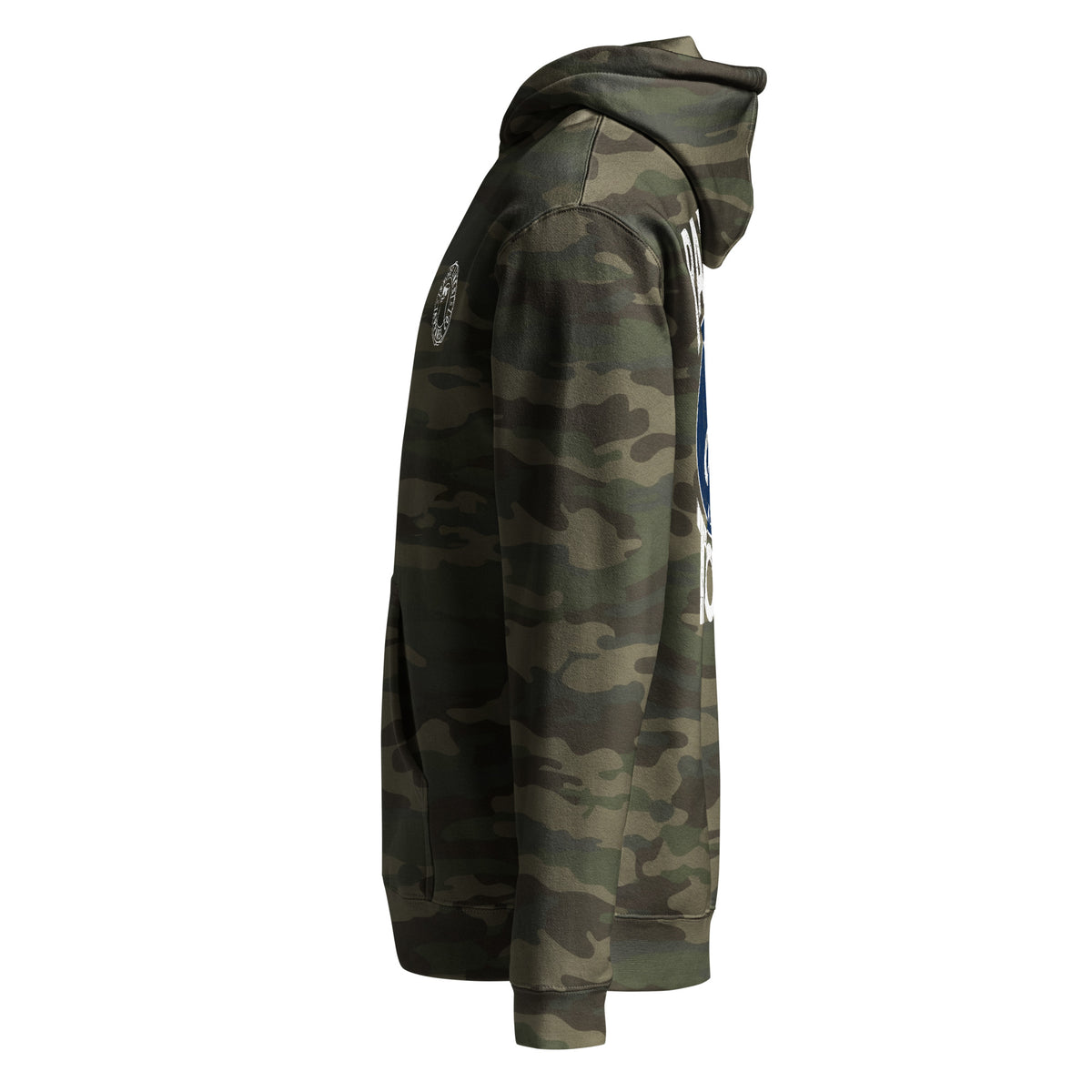 Raised Shore Tough Camo hoodie in Forest Camo, side view by Shore Lines Apparel Co.