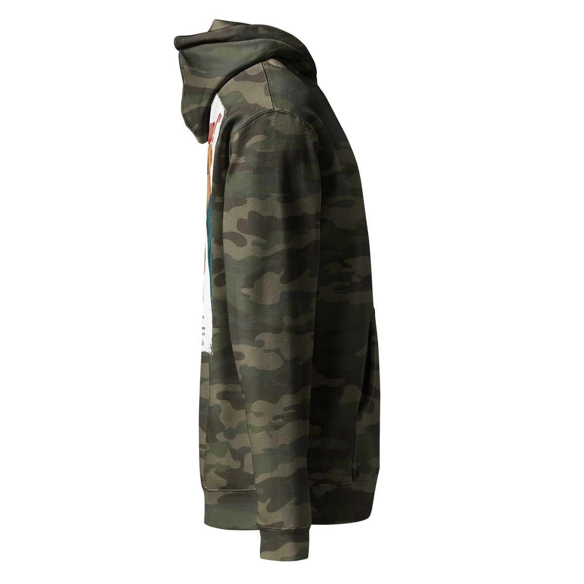 Whoop Ass Camo hoodie in Forest Camo, side view by Shore Lines Apparel Co.