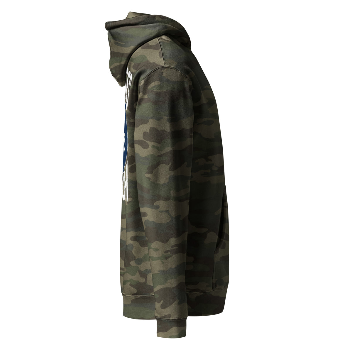 Raised Shore Tough Camo hoodie in Forest Camo, side view by Shore Lines Apparel Co.
