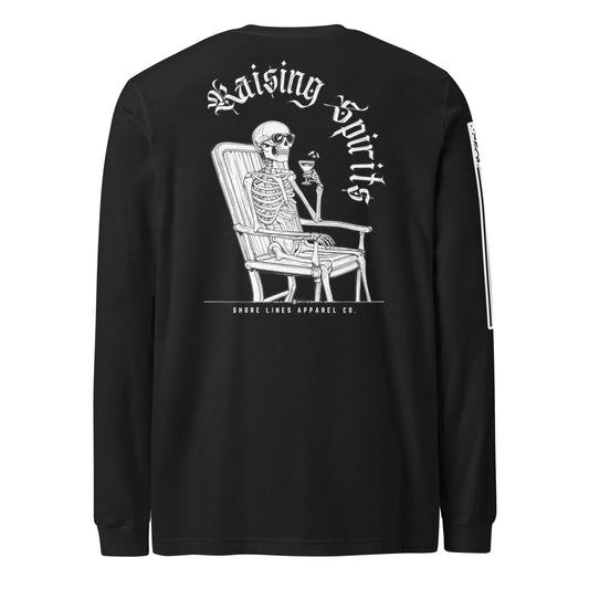 Raising Spirits premium long sleeve tee in Black Heather, back view by Shore Lines Apparel Co.