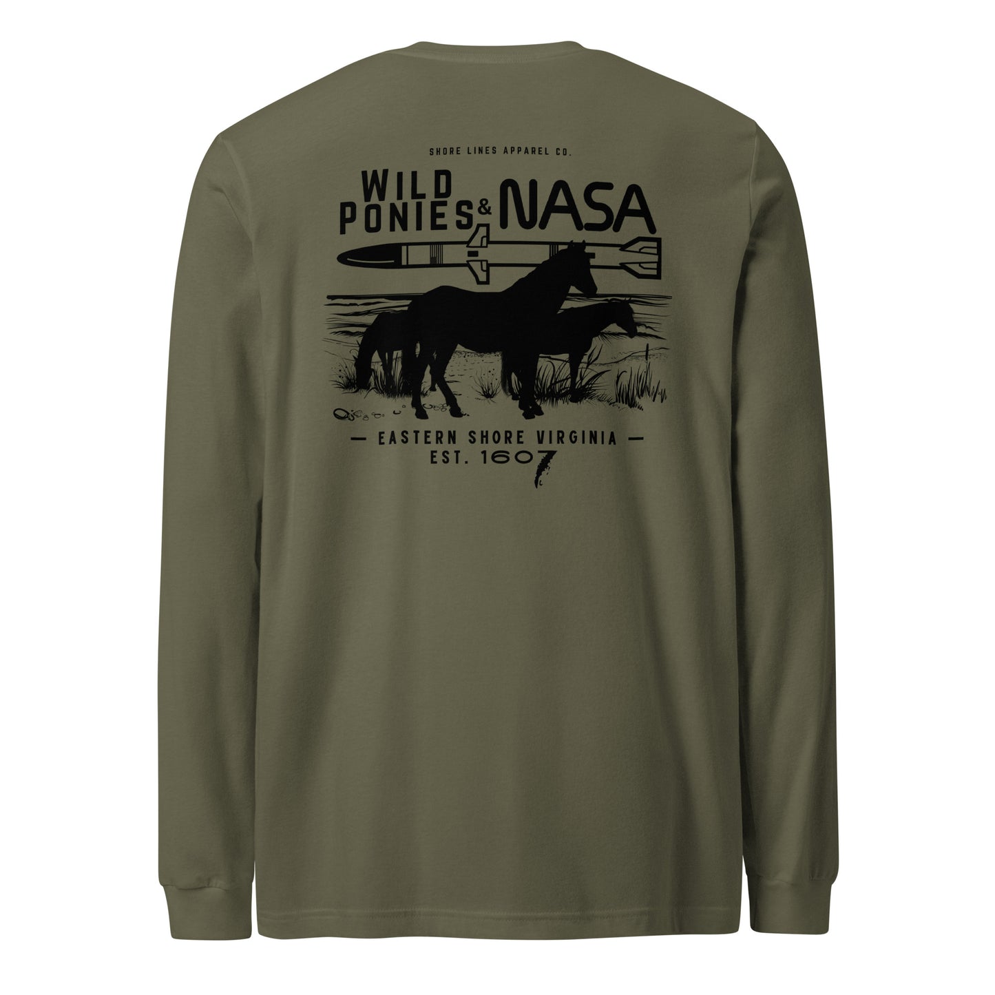 Wild Ponies and NASA | Core LS-militarygreen-Shore Lines Apparel Co.